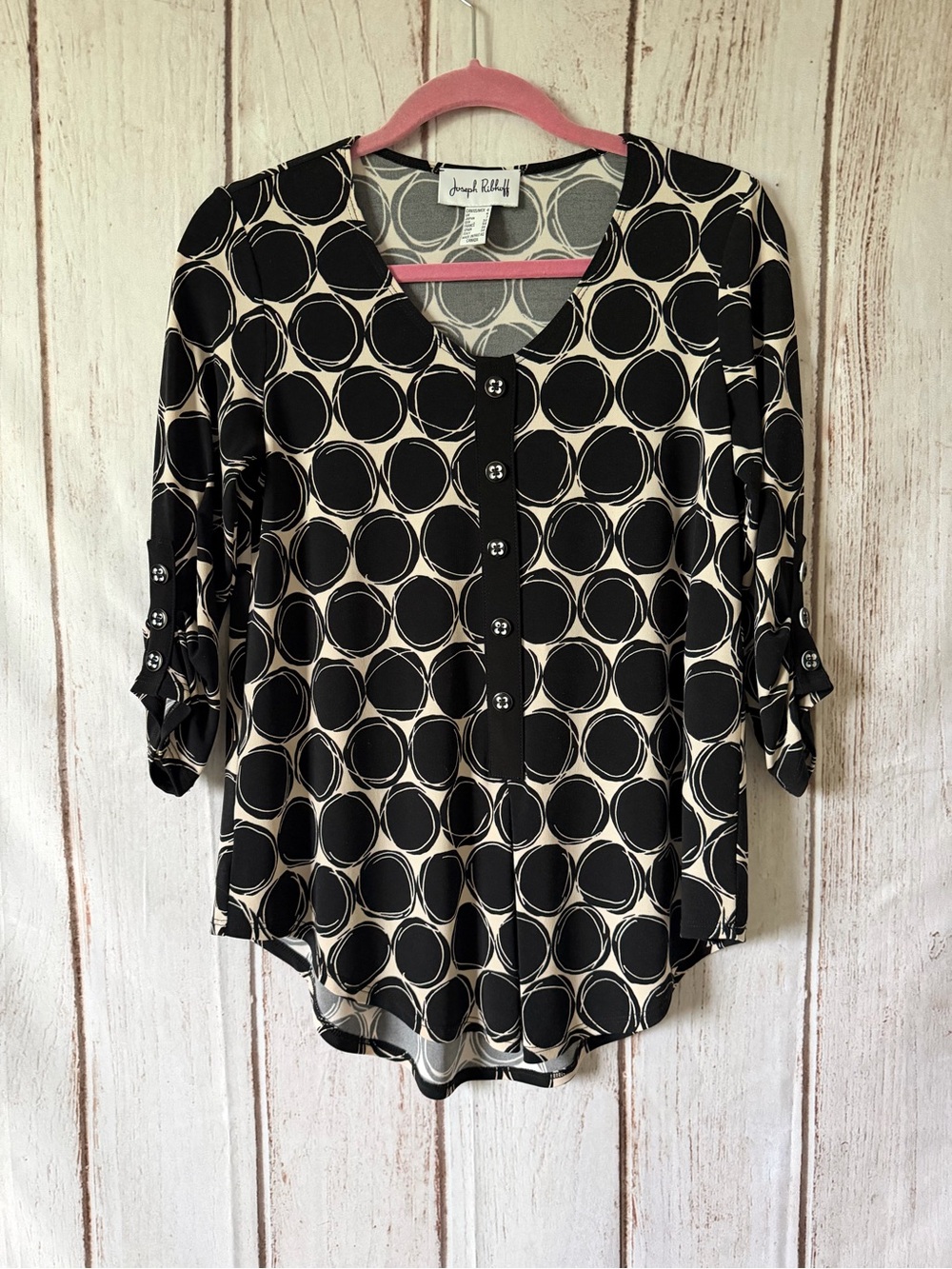 Joseph Ribkoff Size 4 Black and White Geometric Print Button-Front Blouse